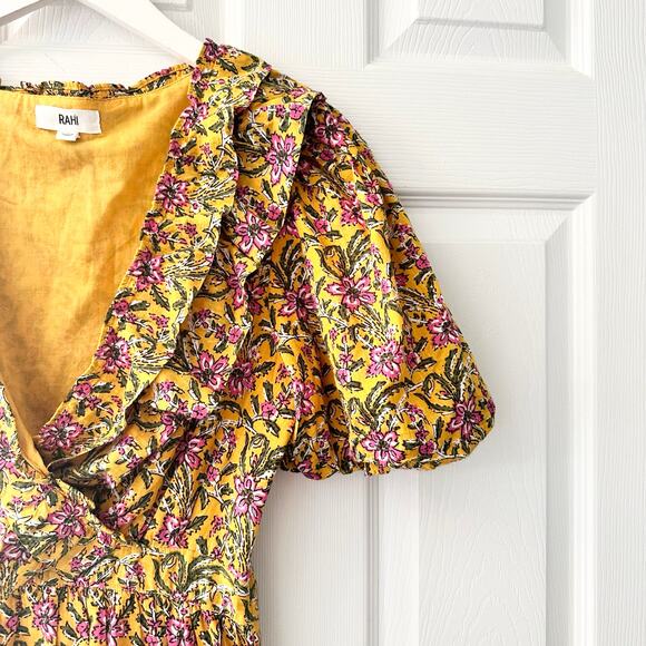 Rahi Yellow Floral Del Sole Chiara Puff Sleeve Ruffle V Neck Mini Dress Cotton S - Picture 4 of 12